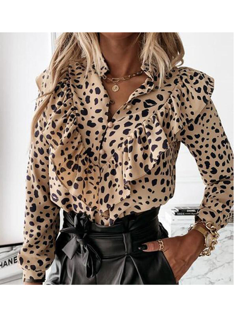Leopard Dot Print Ruffle Blouse Shirt