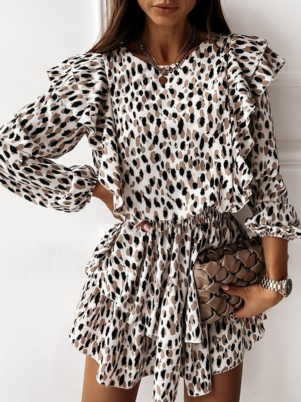 Casual Ruffle Long Sleeve A Line Leopard Print Boho Floral Mini Dress