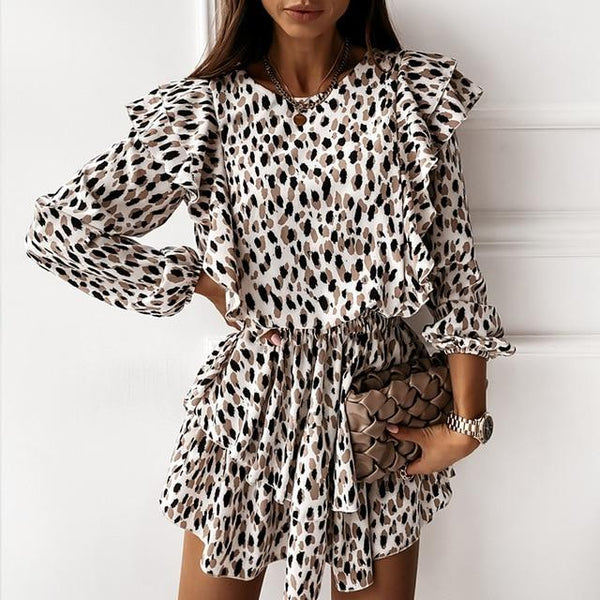 Casual Ruffle Long Sleeve A Line Leopard Print Boho Floral Mini Dress