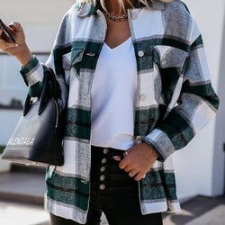 Long Sleeve Button Up Collared Plaid Blouse Tops