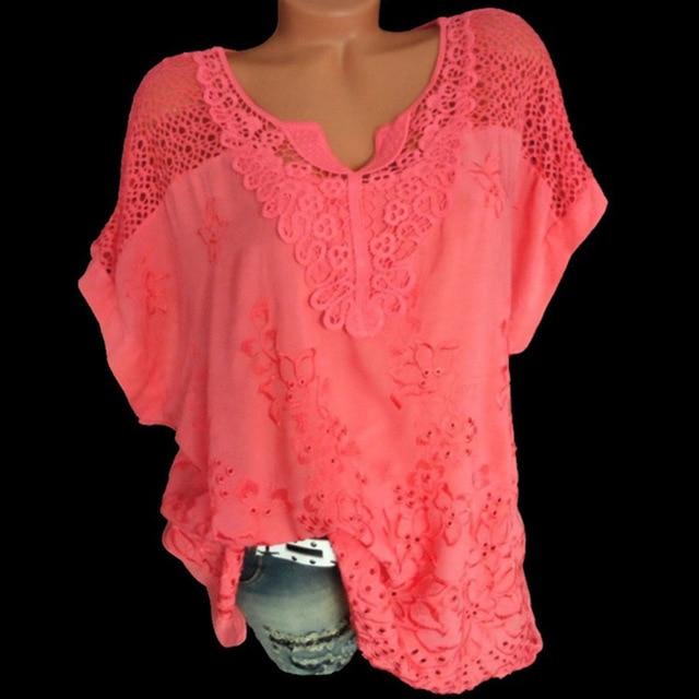 Casual Short Sleeve Loose Lace Patchwork Blouses Tops