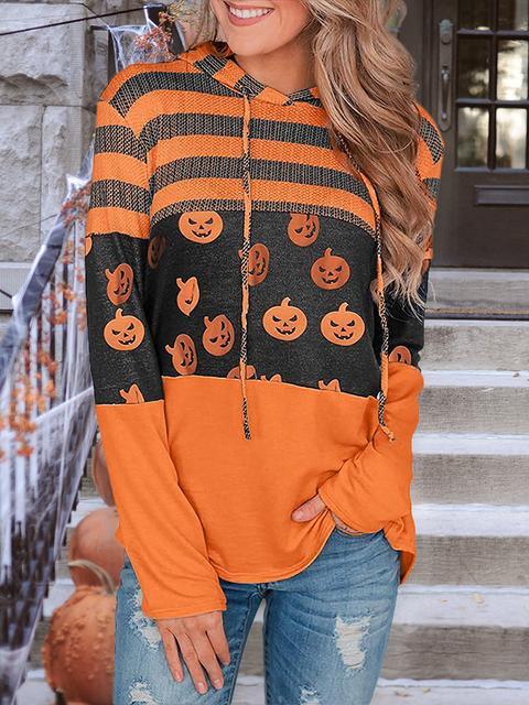 Halloween Pumpkin Stripes Print Drawsrting Hoodie