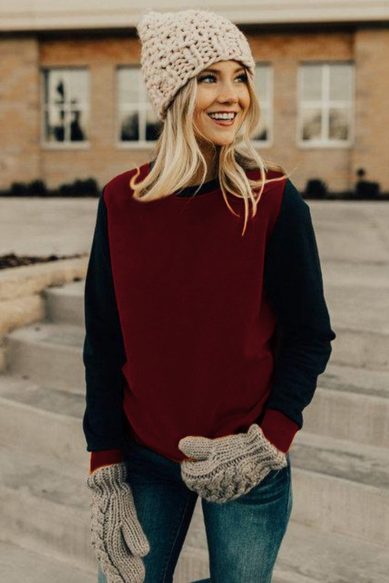 Red Long Sleeve Round Neck Stitching Top