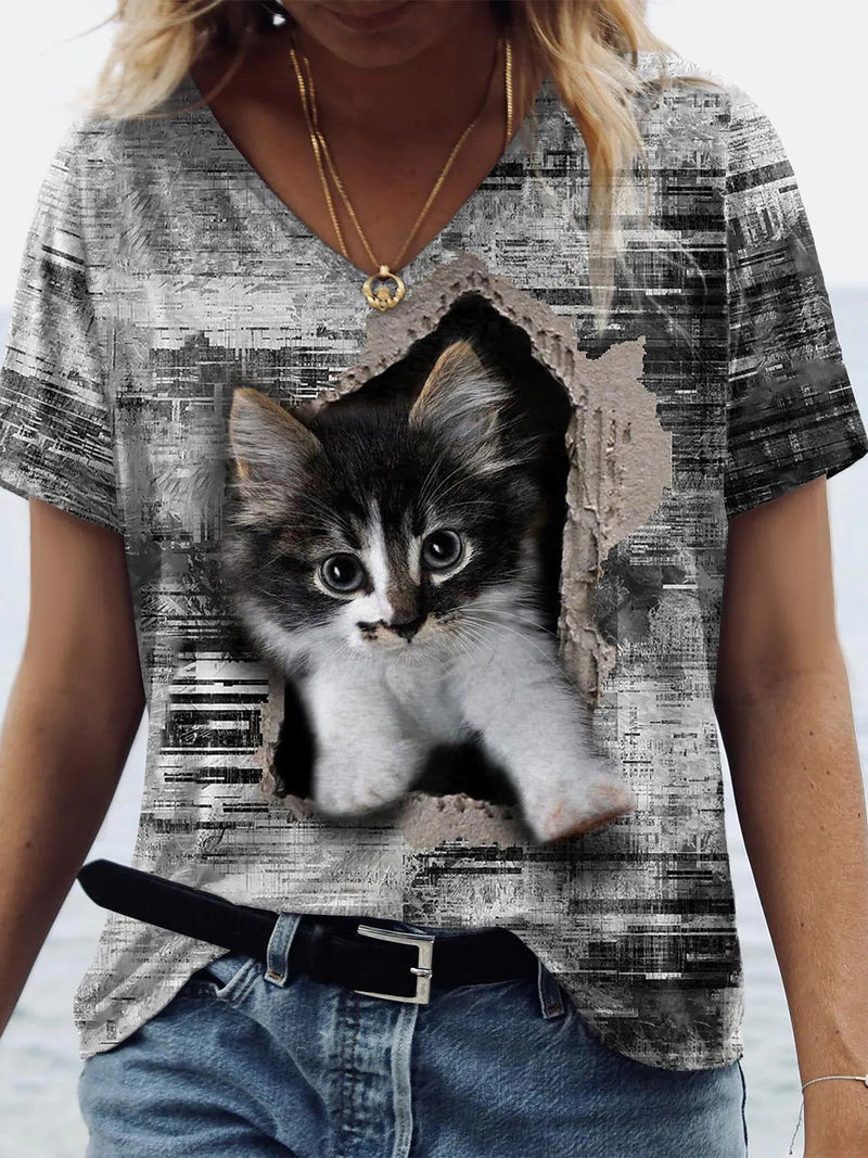 Women's T-Shirts Cat Print V-Neck Short Sleeve T-Shirt
