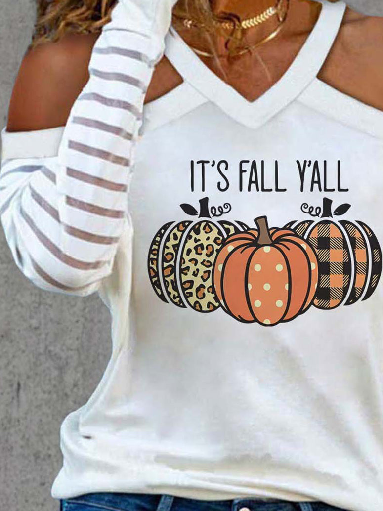 Women's T-Shirts Pumpkin Print Off-The-Shoulder Long Sleeve T-Shirt