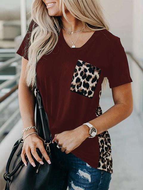 Short Sleeve Leopard Printed Splicing T-Shirt