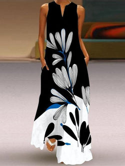 Sleeveless V-neck Printed Flower Long Dress