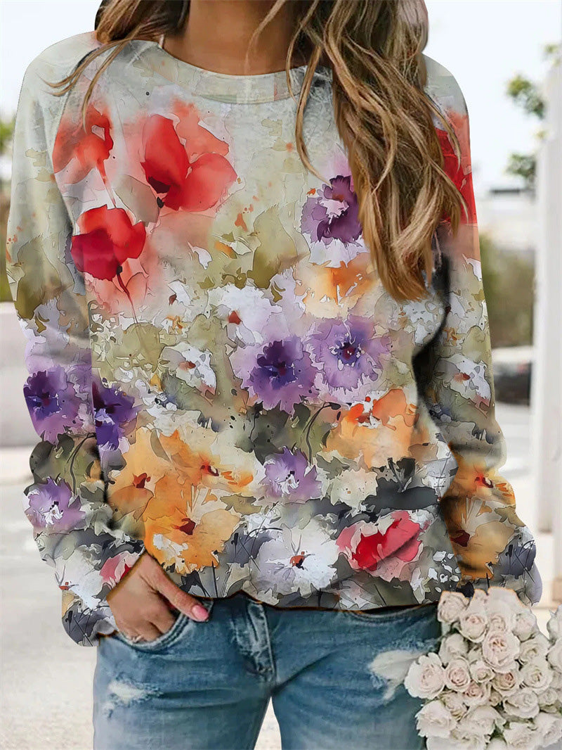 Women's T-Shirts Floral Print Crew Neck Long Sleeve T-Shirt