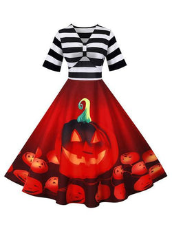 Stripes Print Pumpkin Halloween Dress