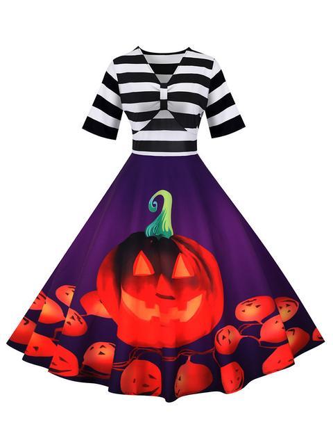 Stripes Print Pumpkin Halloween Dress