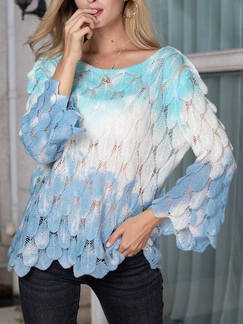 Tie-dye Feather Shapes Hollow Out Pullover