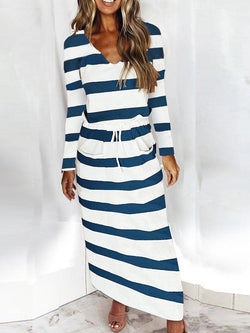 V-neck Loose Striped Print Long-sleeved Dress