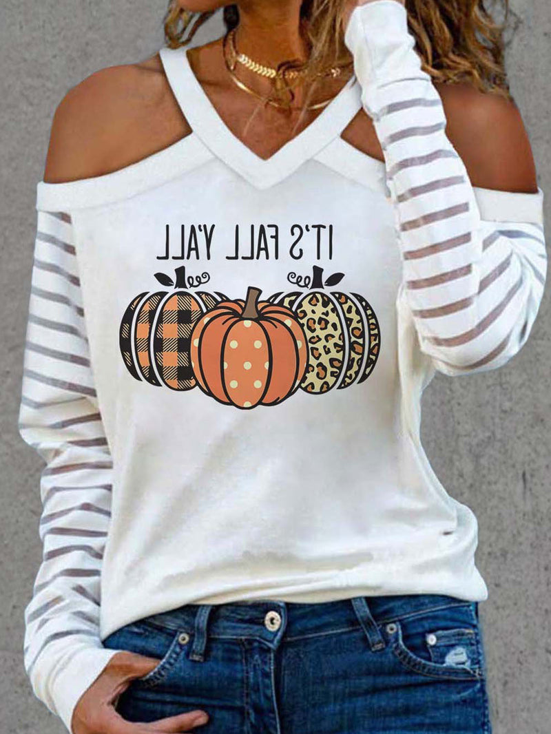 Women's T-Shirts Pumpkin Print Off-The-Shoulder Long Sleeve T-Shirt