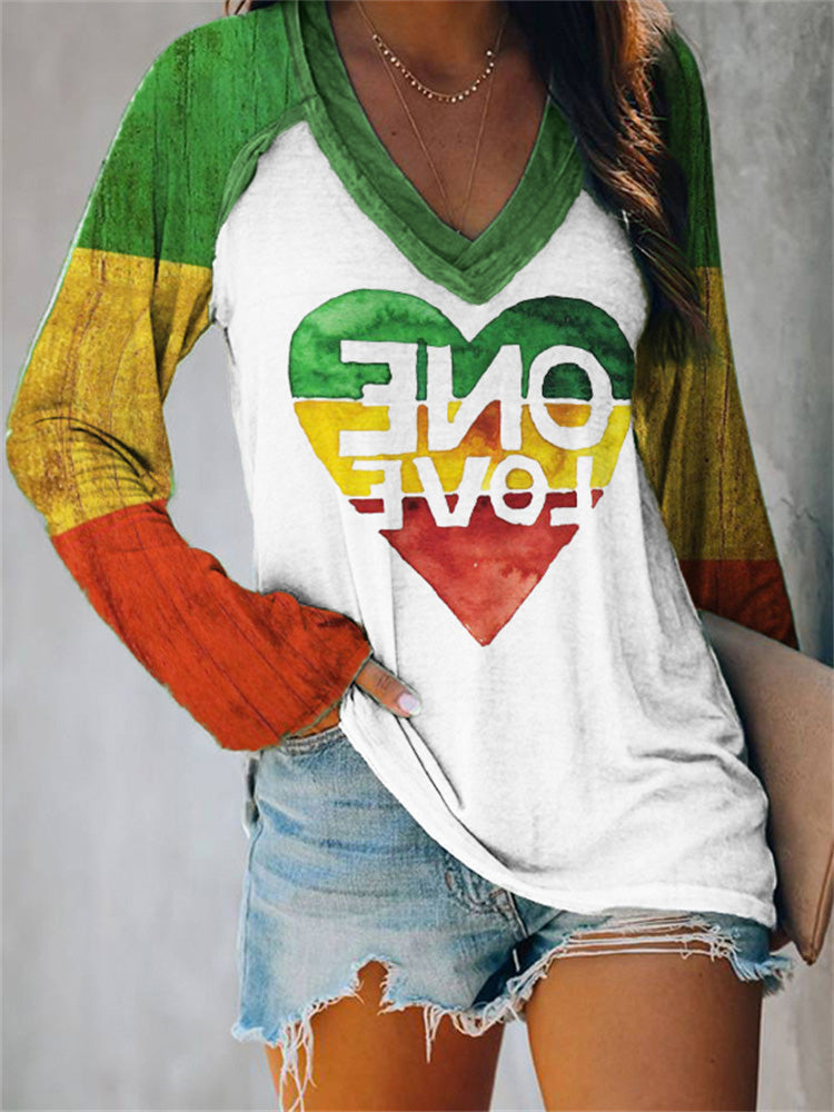 Women's T-Shirts Casual V-Neck Printed Long Sleeve T-Shirt