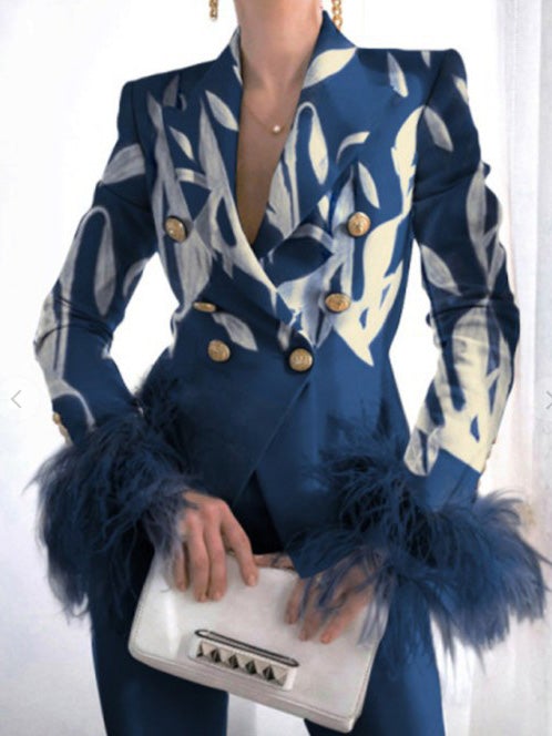 Women's Blazers Fashion Print Button Long Sleeve Feather Blazer