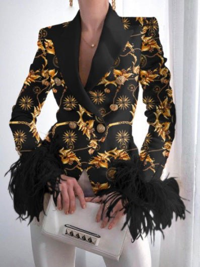 Women's Blazers Fashion Print Button Long Sleeve Feather Blazer