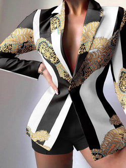 Fashion Print Lapel Button Long Sleeve Blazer