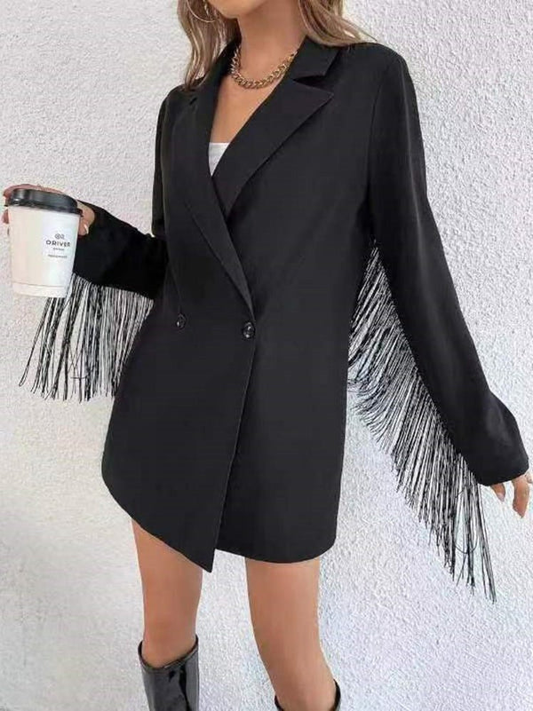 Women's Blazers Solid Lapel Button Fringe Long Sleeve Blazer