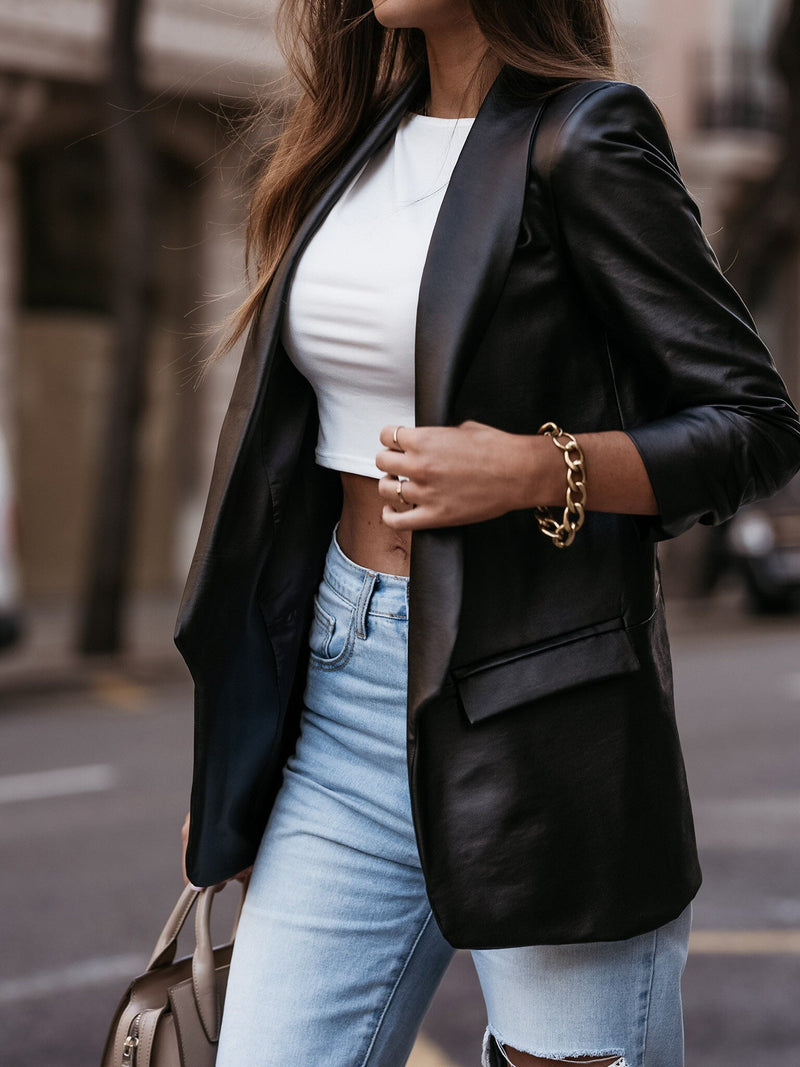 Women's Blazers Solid Lapel Long Sleeve Leather Blazers