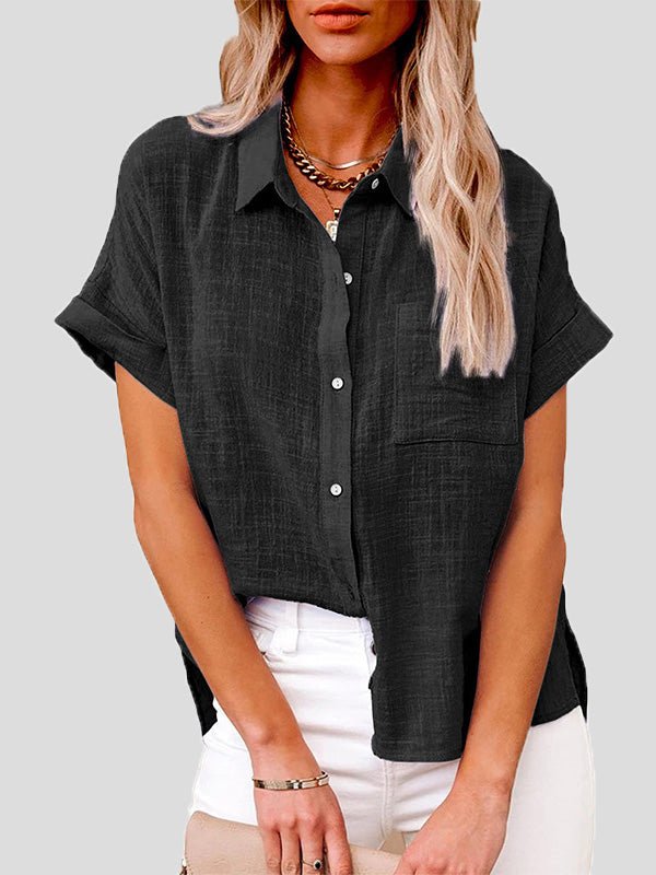 Women's Blouses Casual Solid Lapel Button Short Sleeve Blouse