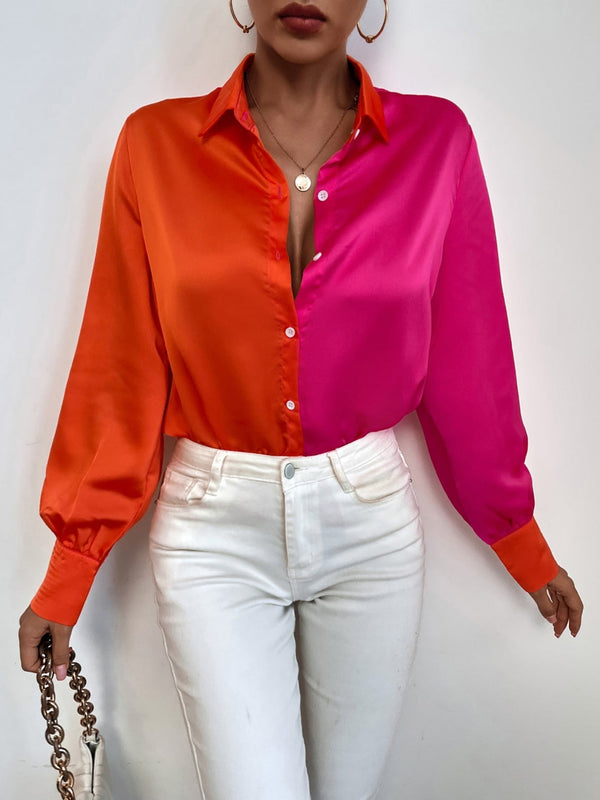 Women's Blouses Colorblock Lapel Button Long Sleeve Blouse