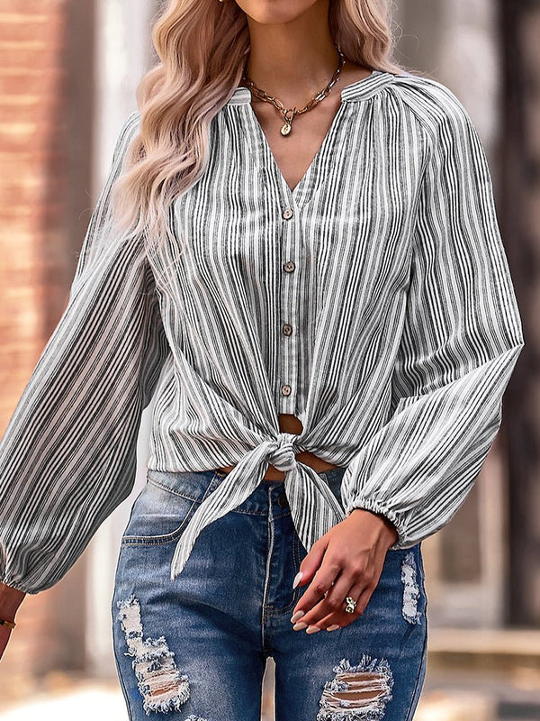 Women's  Blouses Fashion Slim V-Neck Stripe Long Sleeve  Blouse