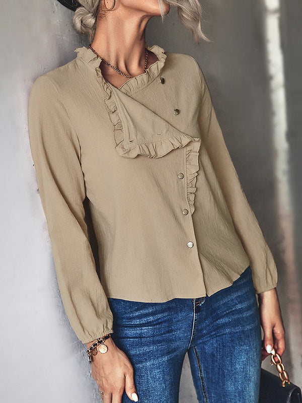 Women's Blouses Fashion Solid Color Button Ruffle Casual Blouse