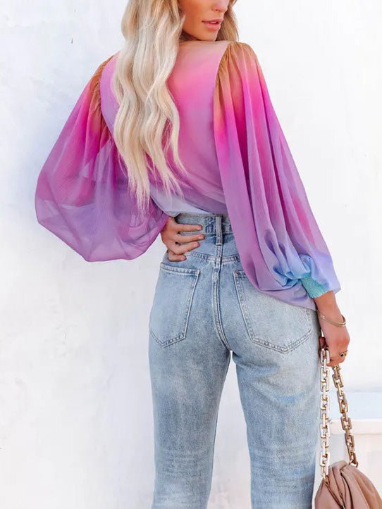 Women's Blouses Gradient Sheer V-Neck Long Sleeve Blouse