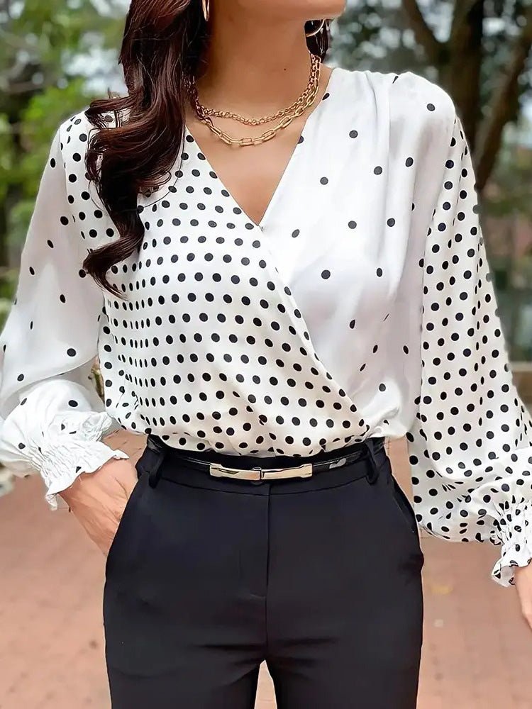 Women's Blouses Irregular Polka Dot Print V-Neck Long Sleeve Blouse