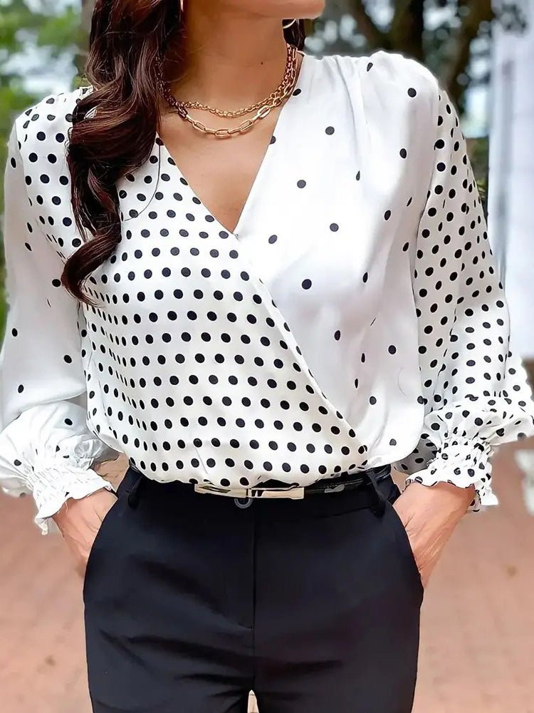 Women's Blouses Irregular Polka Dot Print V-Neck Long Sleeve Blouse