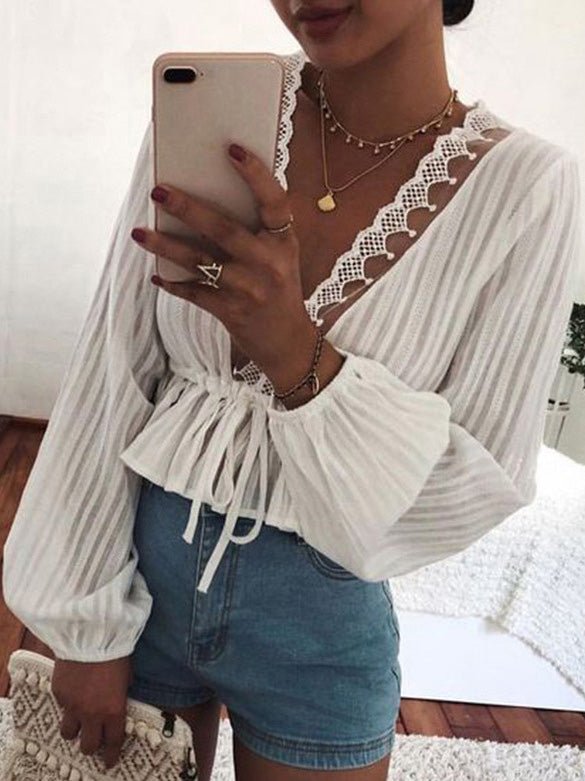 Women's Blouses Lace Elastic Waist Tie Balloon Sleeves Blouse