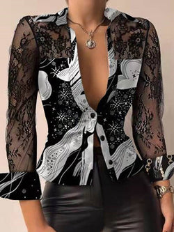 Women's Blouses Long Sleeves V Neck Printed Lace Blouse