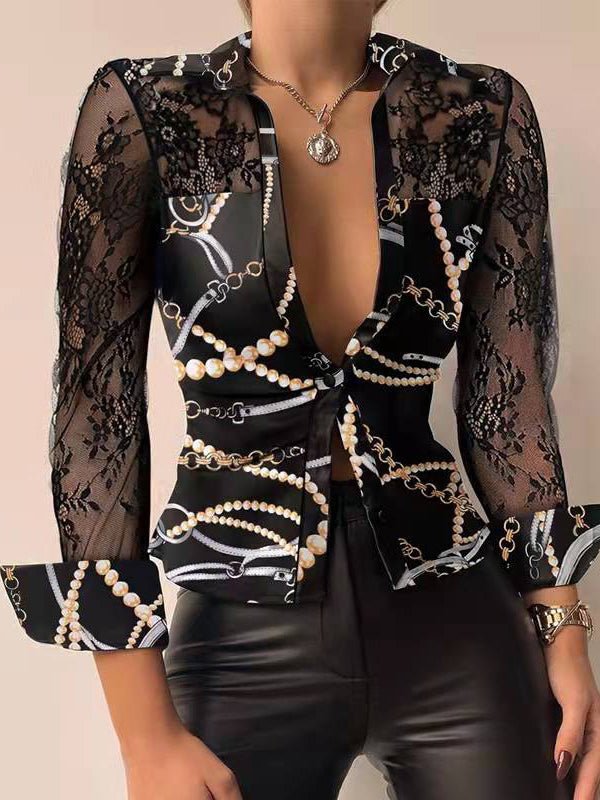 Women's Blouses Long Sleeves V Neck Printed Lace Blouse