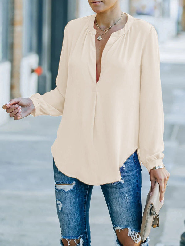 Women's Blouses Loose Solid V-Neck Long Sleeve Blouse