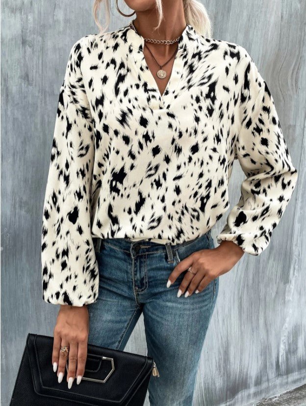 Women's Blouses Loose V-Neck Printed Long Sleeve Blouse