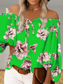 Women's Blouses One Word Collar Floral Print Long Sleeve Blouse