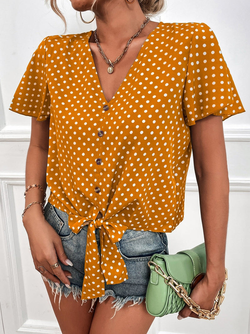 Women's Blouses Polka Dot V-Neck Belted Button Short Sleeve Blouse