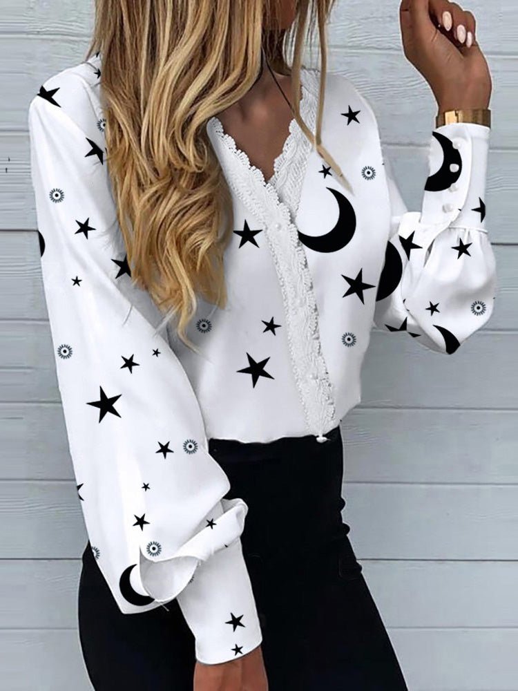 Women's Blouses Printed Lace Long Sleeve Blouse