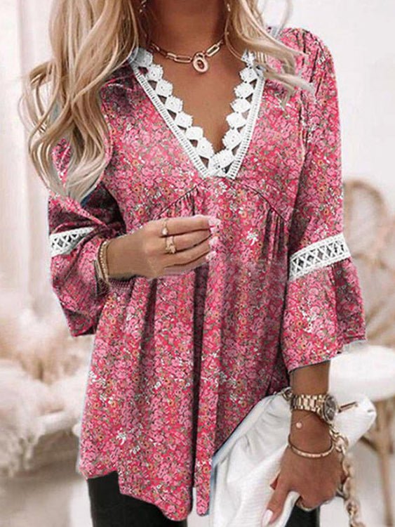 Women's Blouses Printed Lace V Neck 3/4 Sleeve Blouse