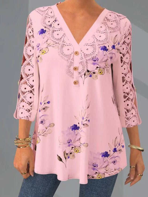 Women's Blouses Printed Lace V-Neck 3/4 Sleeves Blouse