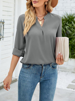 Women's  Blouses Solid Color Loose Chiffon V-Neck Long Sleeve  Blouse