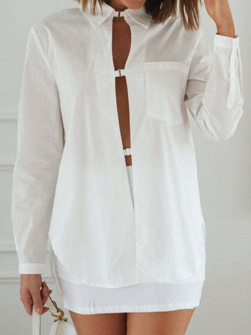 Women's Blouses Solid Hollow Button Long Sleeve Blouse