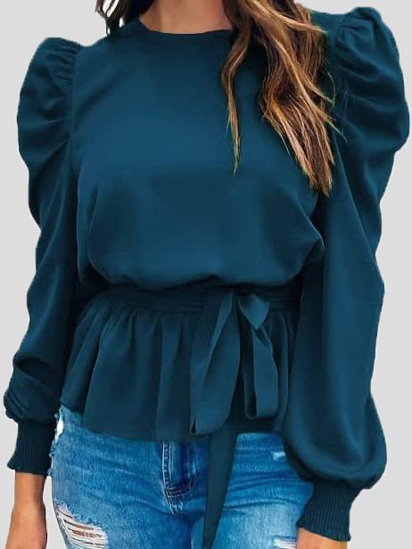 Women's Blouses Solid Tie Puff Long Sleeve Blouse