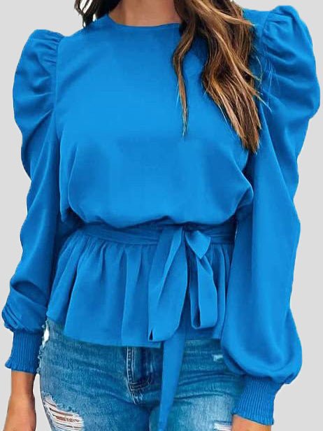 Women's Blouses Solid Tie Puff Long Sleeve Blouse