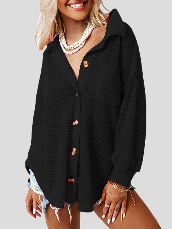 Women's Blouses Solid Waffle Button Long Sleeve Blouse
