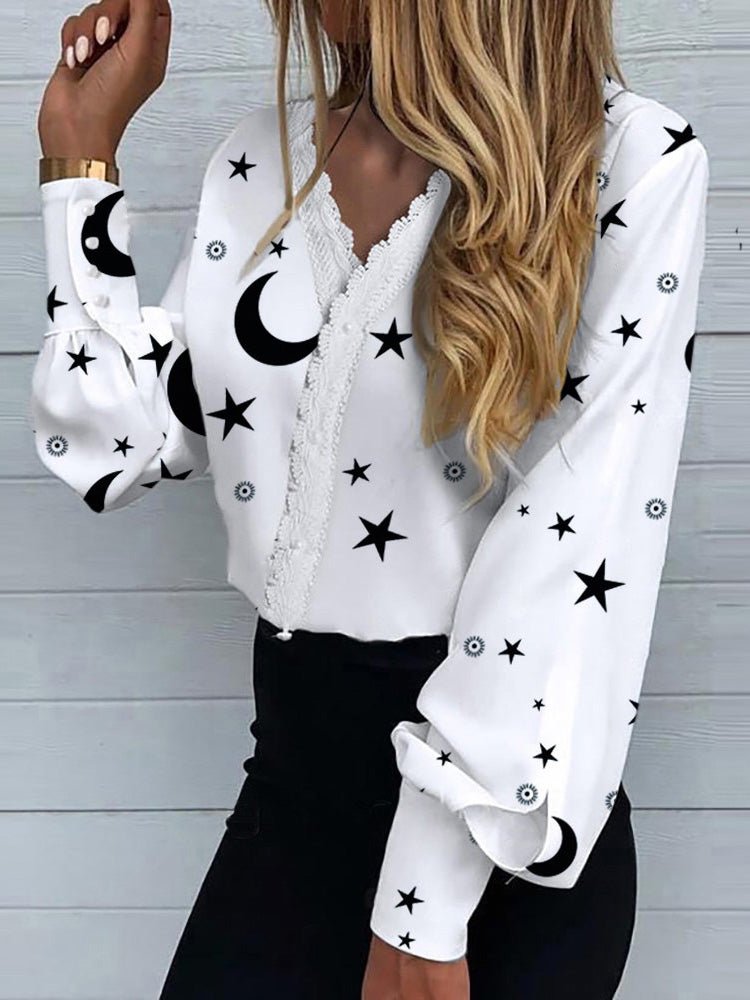 Women's Blouses Star Moon Print Lace Long Sleeve Blouse