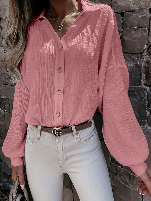 Women's Blouses V-Neck Button Balloon Sleeve Blouse