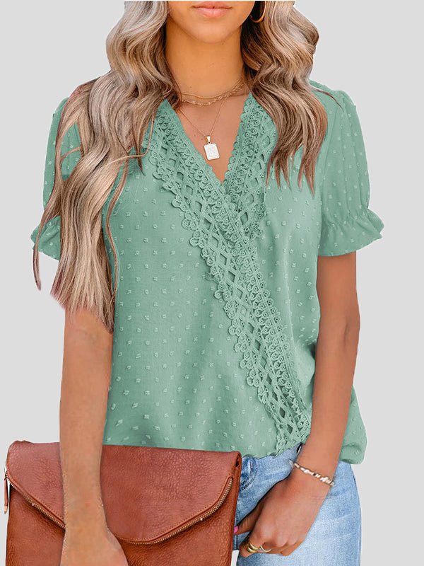 Women's Blouses V-Neck Jacquard Dot Lace Short Sleeve Blouse