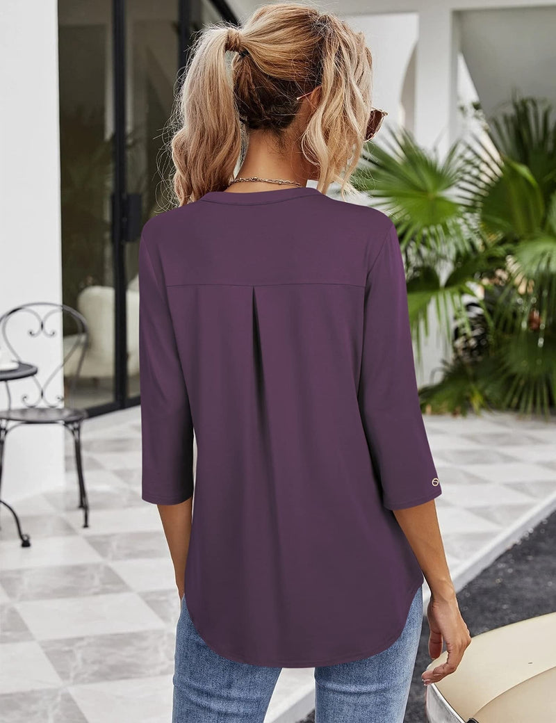 Women's Blouses V Neck Mid Sleeve Casual Loose Blouse