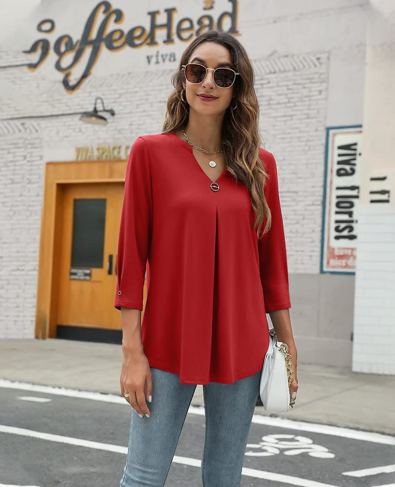 Women's Blouses V Neck Mid Sleeve Casual Loose Blouse
